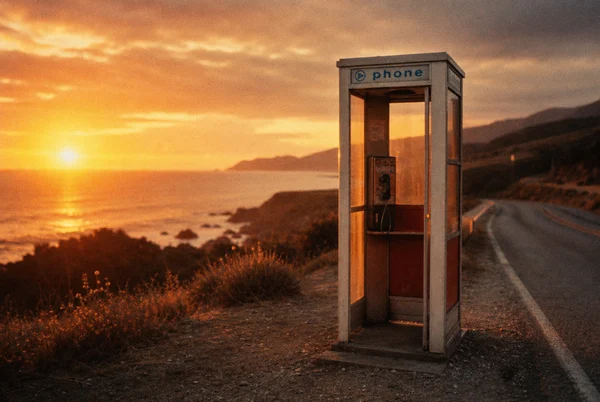 A Solitary Phone Booth at Sunset