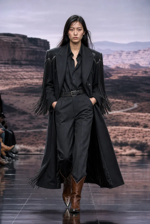 Model Walking on Runway in Western Style Outfit
