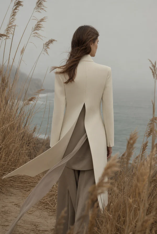 Woman in Elegant Coat Standing by the Coast