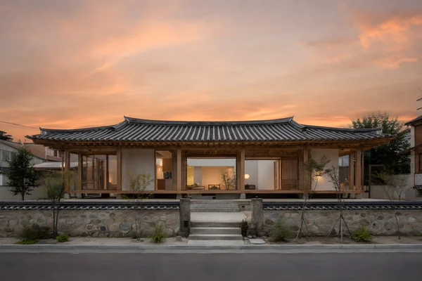 Traditional Korean Hanok House at Sunset
