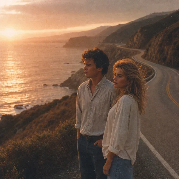 Couple Standing on a Coastal Road at Sunset
