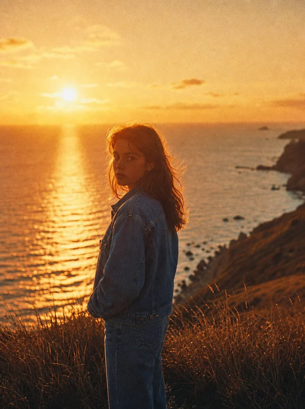 Woman Standing on a Cliff at Sunset