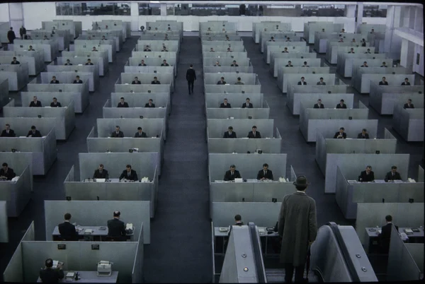 A Man Walking Through a Large Office Cubicle Maze