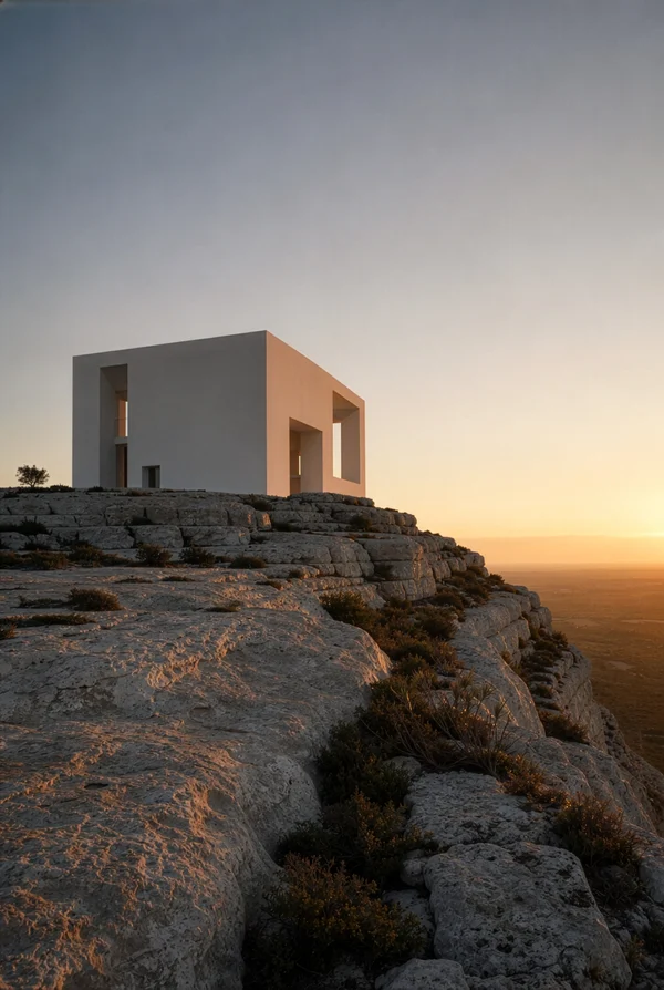 Minimalist White Structure on a Rocky Cliffside