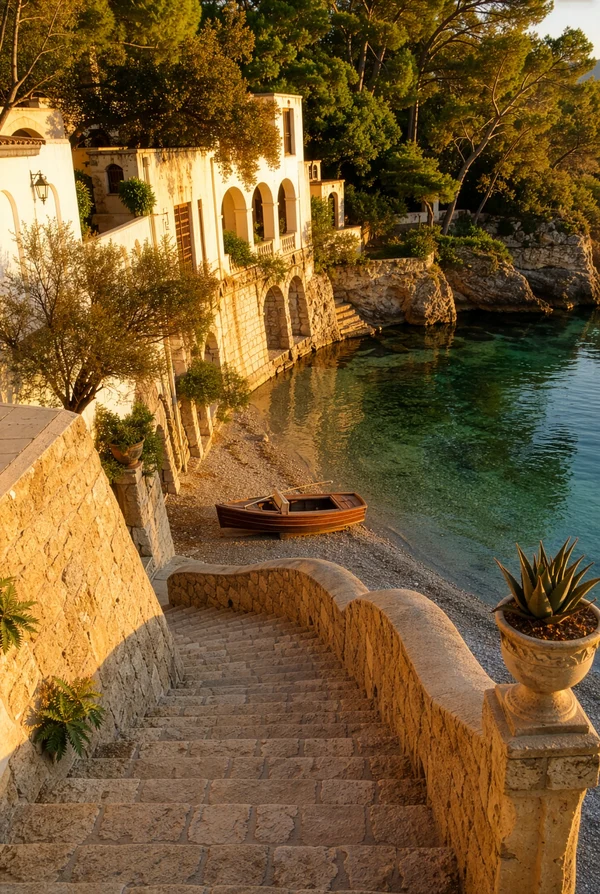 Stone Staircase Leading to a Mediterranean Cove