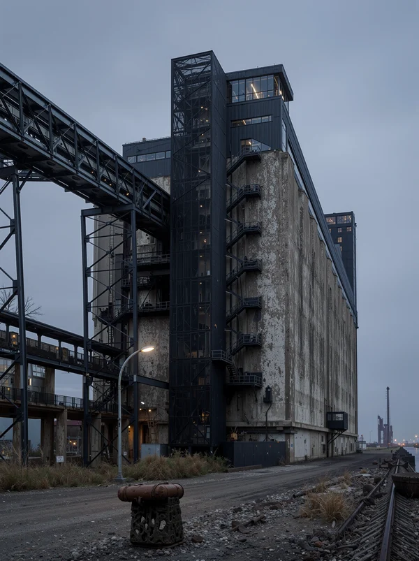 Industrial Silo Building at Dusk
