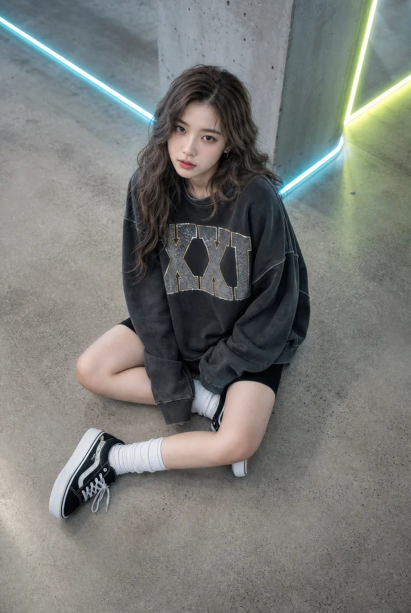 Young Woman Sitting on Concrete Floor