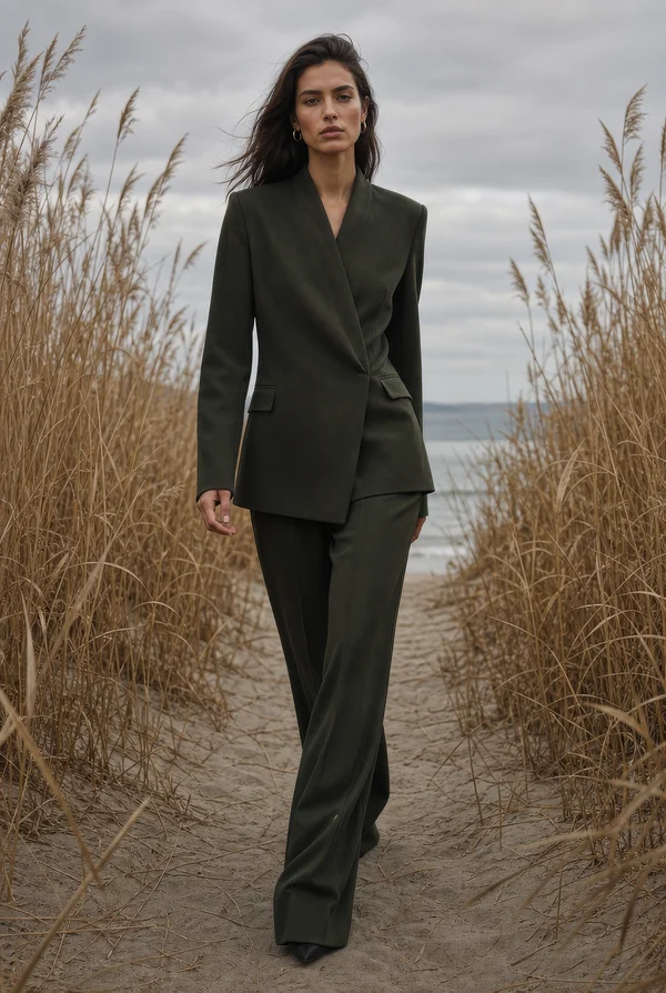 Woman in Olive Suit Walking on Beach Path