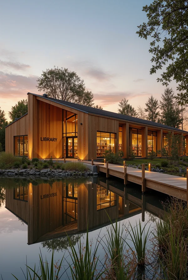 Modern Wooden Library Building by a Calm Pond