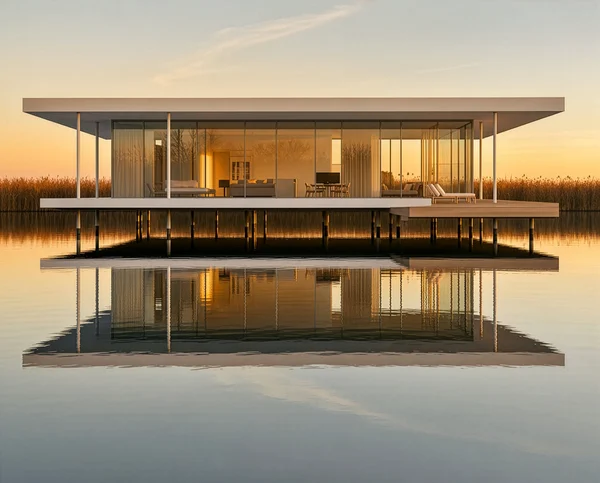 Modern Glass House on Stilts Over Still Water