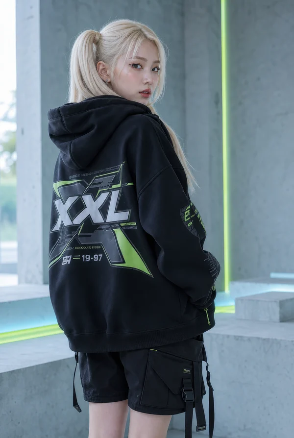 Young Woman in Modern Streetwear Hoodie