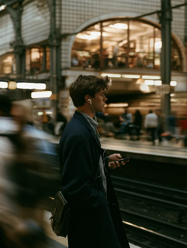 Commuter Waiting at a Busy Metro Station