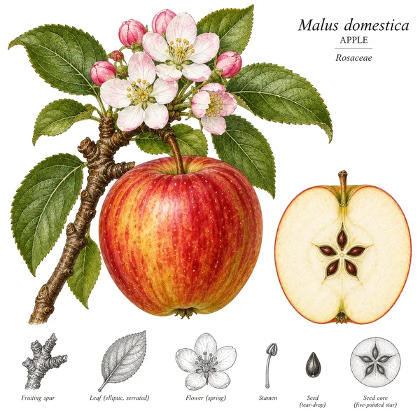 Botanical Illustration of an Apple Branch