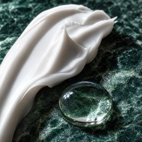White Cream and Serum Drop on Green Marble