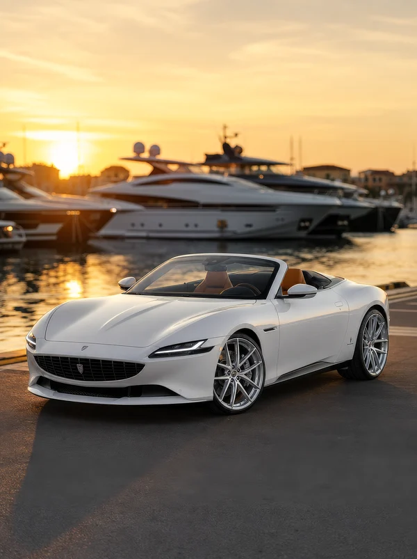 Luxury Convertible Sports Car at Sunset Marina
