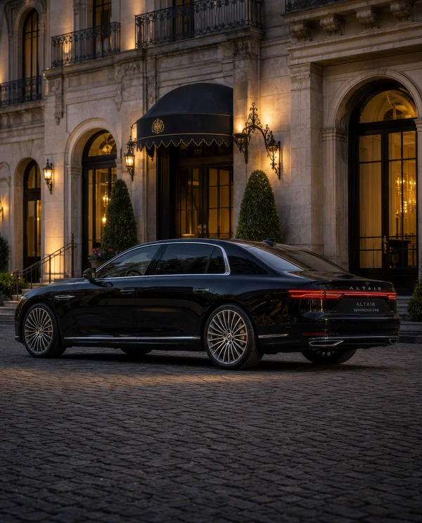 Luxury Sedan Parked at Historic Hotel Entrance