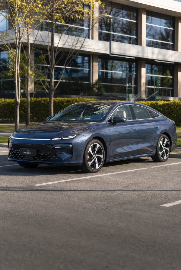 Modern Metallic Blue Sedan in Office Park