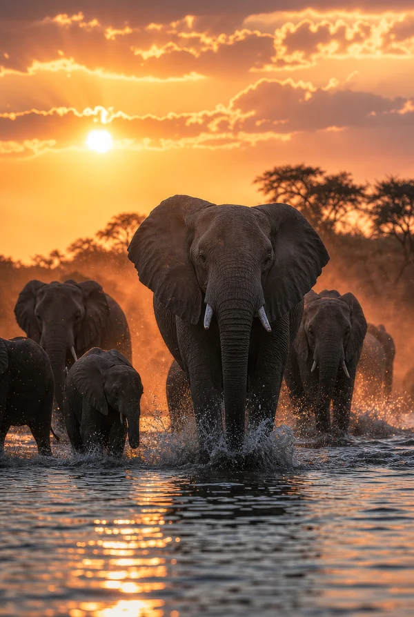 Elephants Crossing a River at Sunset