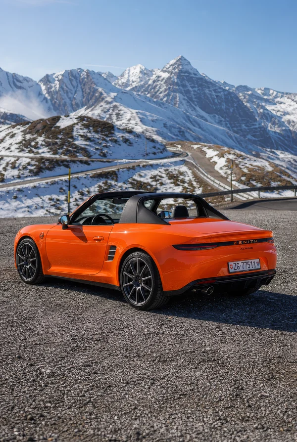 Orange Sports Car on a Snowy Mountain Pass
