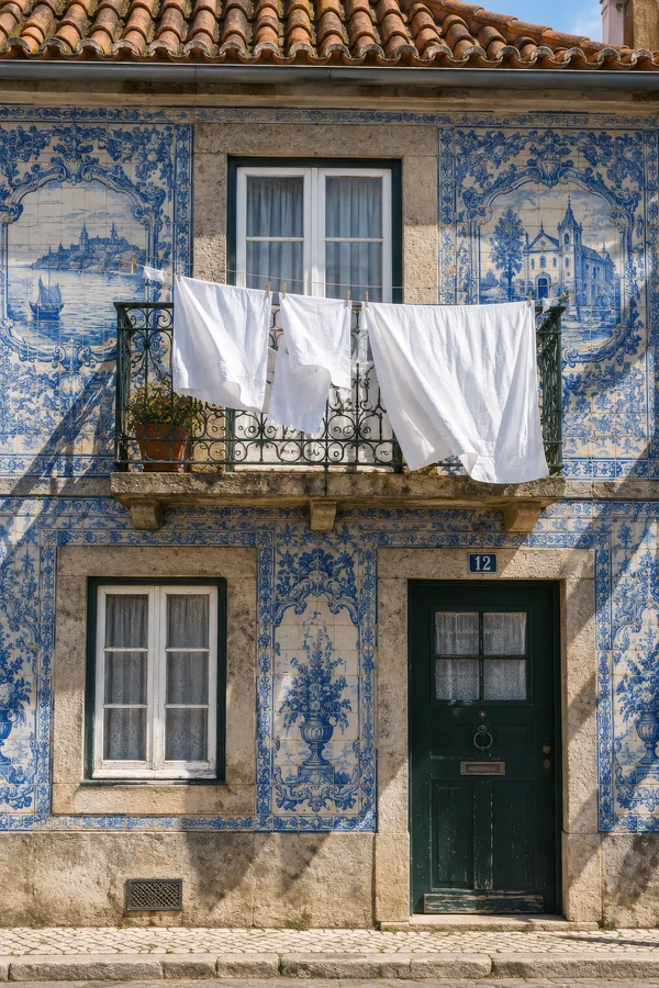 Traditional House Facade with Blue Ceramic Tiles