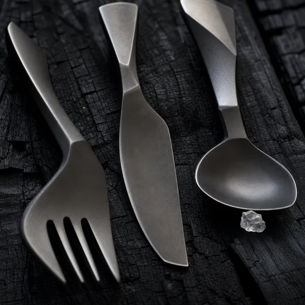 Minimalist Dark Metal Cutlery on Charred Wood