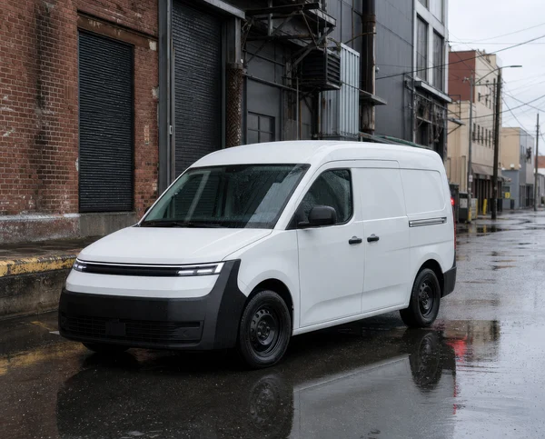 Modern White Electric Delivery Van in City Street