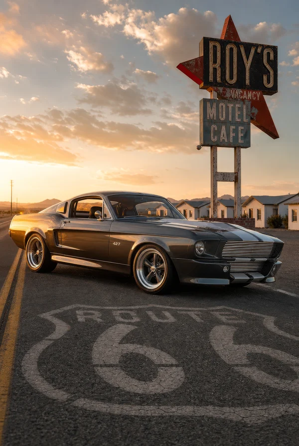 Classic Muscle Car on Route 66 at Sunset