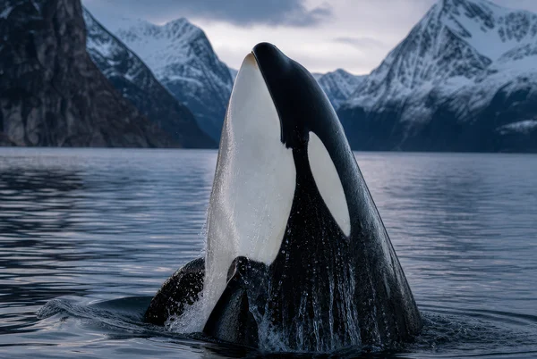 Orca Spyhopping in a Snowy Fjord