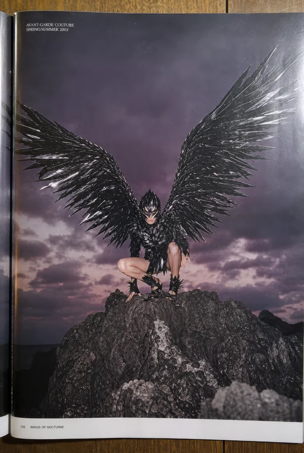 Model Wearing Elaborate Black Winged Costume
