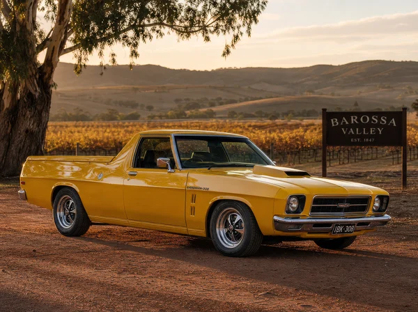 Classic Yellow Ute in a Vineyard Landscape