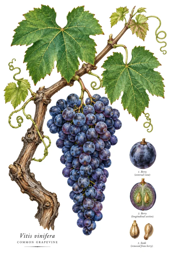 Botanical Illustration of a Common Grapevine