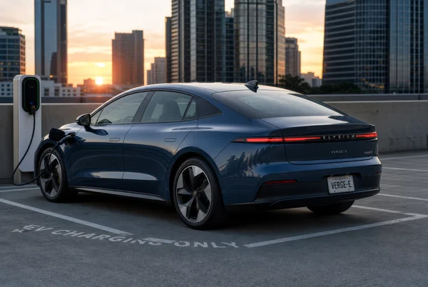 Electric Sedan Charging at Sunset