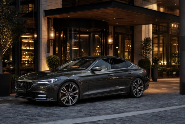 Luxury Sedan Parked at a Boutique Hotel Entrance