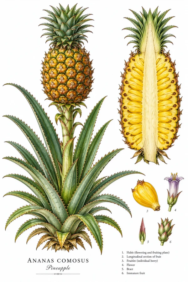 Botanical Illustration of a Pineapple Plant