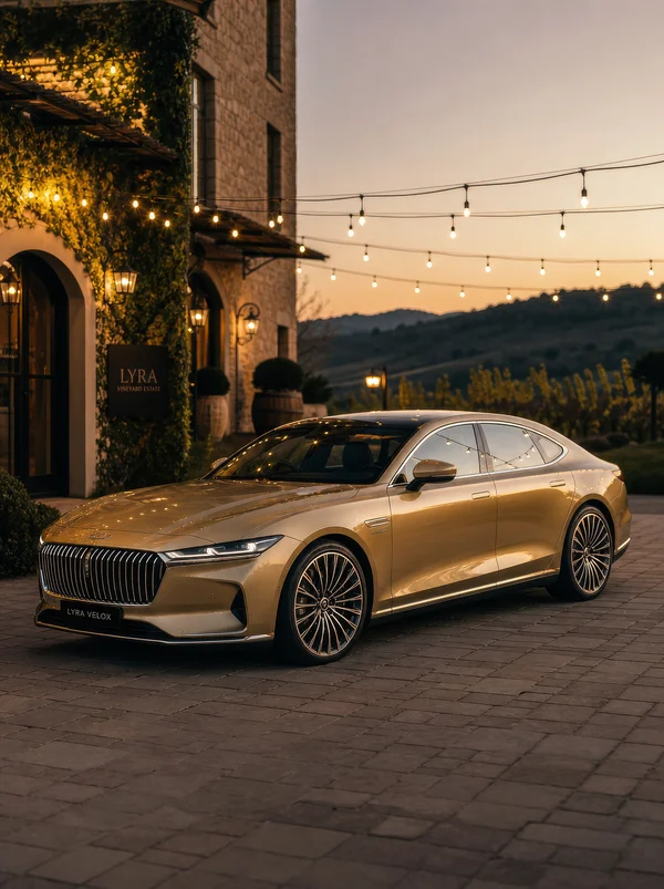 Luxury Sedan at a Vineyard Estate at Dusk