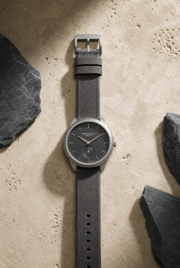 Minimalist Titanium Watch on Travertine Stone