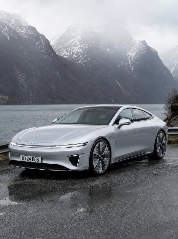 Silver Electric Sedan Parked by a Fjord
