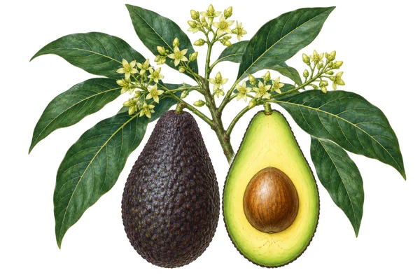 Botanical Illustration of Avocado Fruit and Leaves