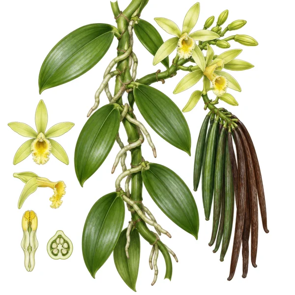 Botanical Illustration of Vanilla Orchid Plant
