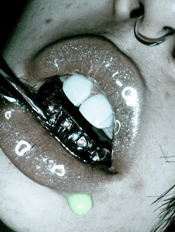 Macro Close-up of Glossy Lips with Metallic Teeth
