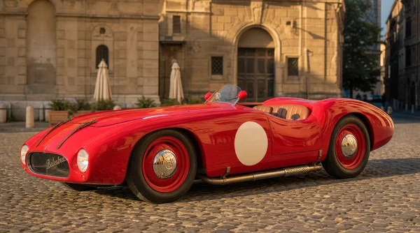 Vintage Red Sports Car on Cobblestone Street
