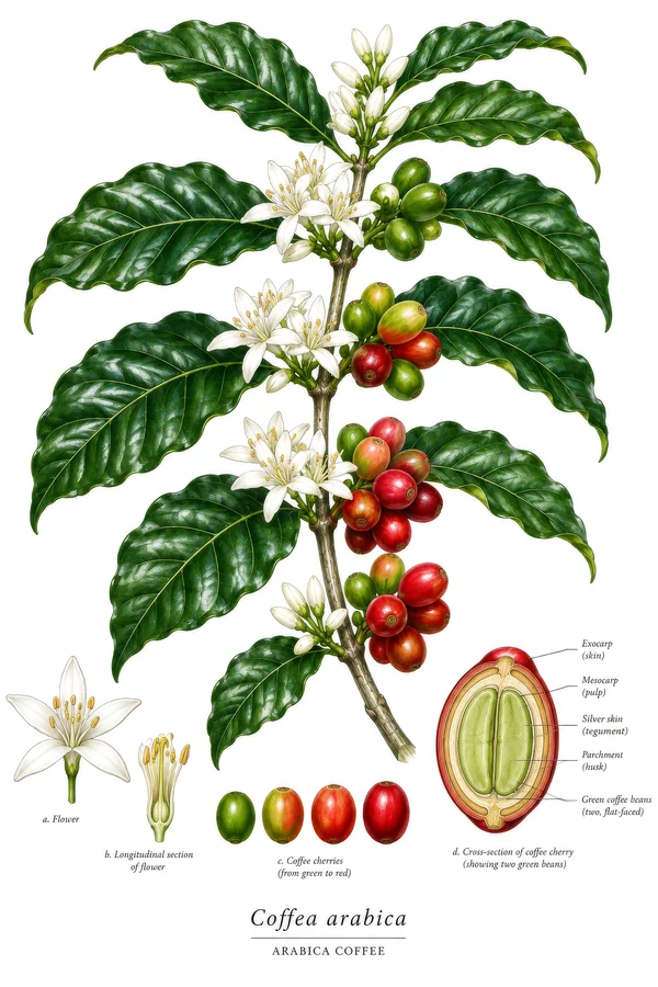 Botanical Illustration of Coffea Arabica Plant
