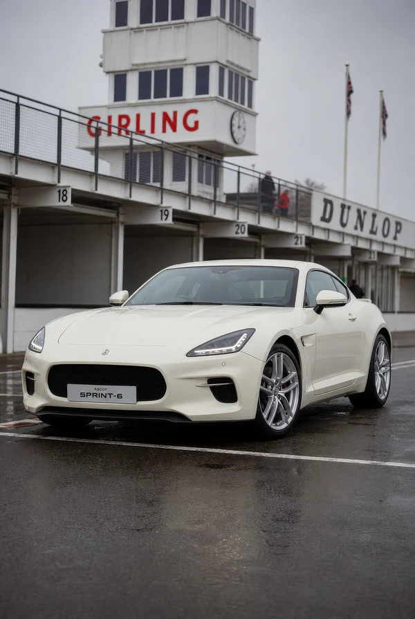 Cream White Sports Coupe at Racetrack