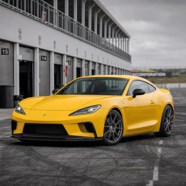 Yellow Sports Coupe at the Racetrack Paddock