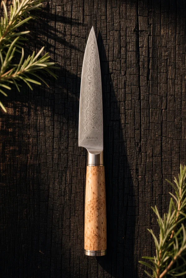 Damascus Steel Knife on Charred Wood