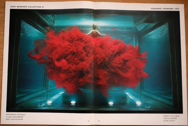 Submerged Crimson Tulle Gown in Water Tank