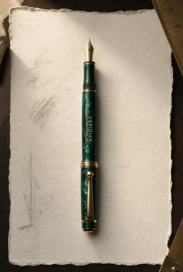 Emerald Resin Fountain Pen on Textured Paper