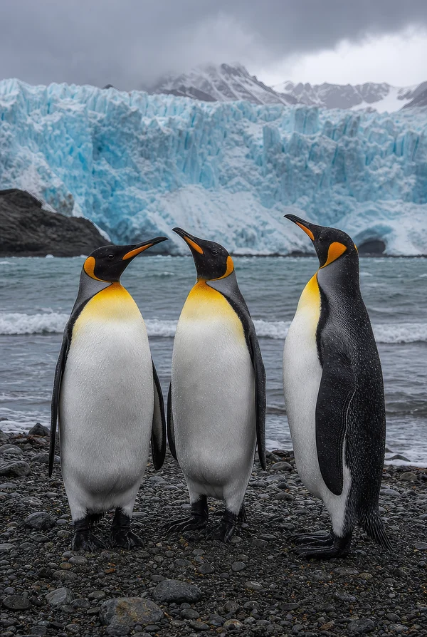 Three King Penguins on a Pebble Beach