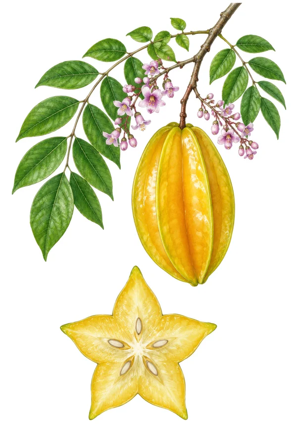Botanical Illustration of Starfruit and Blossoms