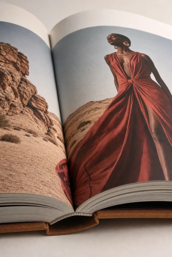 Open Hardcover Book with Desert Fashion Spread
